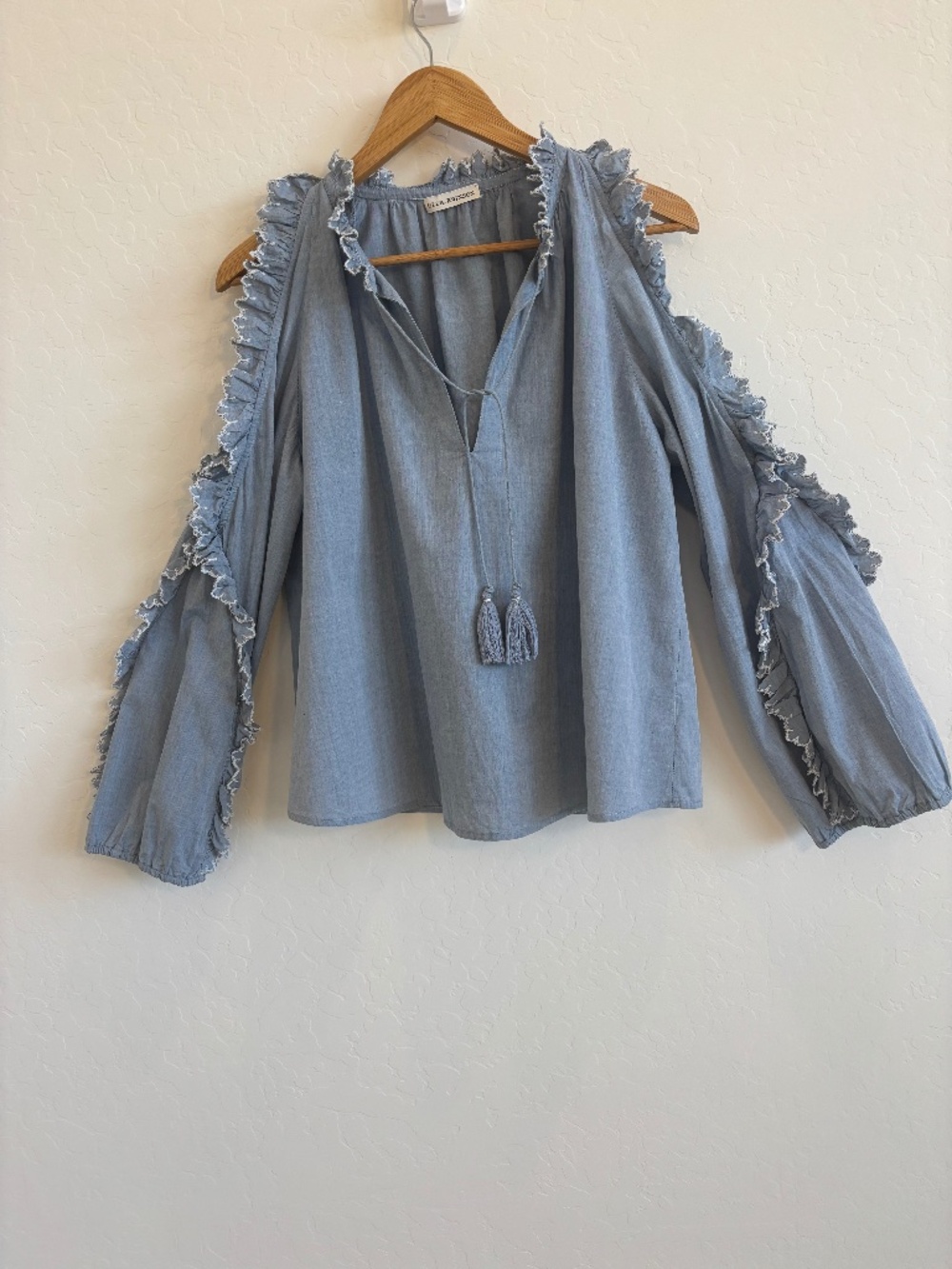 Ulla Johnson Amandine Cold Shoulder Ruffle Blouse Chambray Blue Size 8